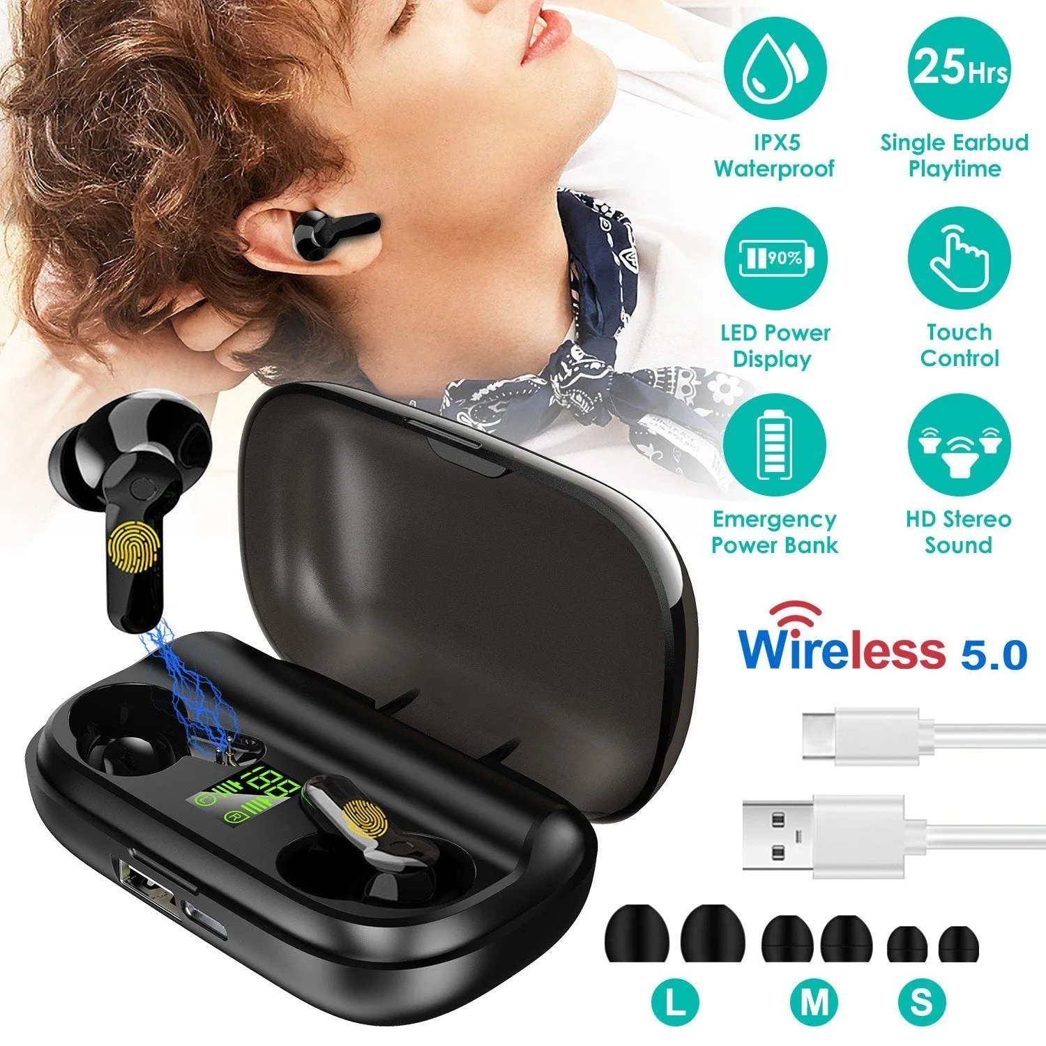 True Wireless V5.0 Earbuds IPX 5 Water Resistant