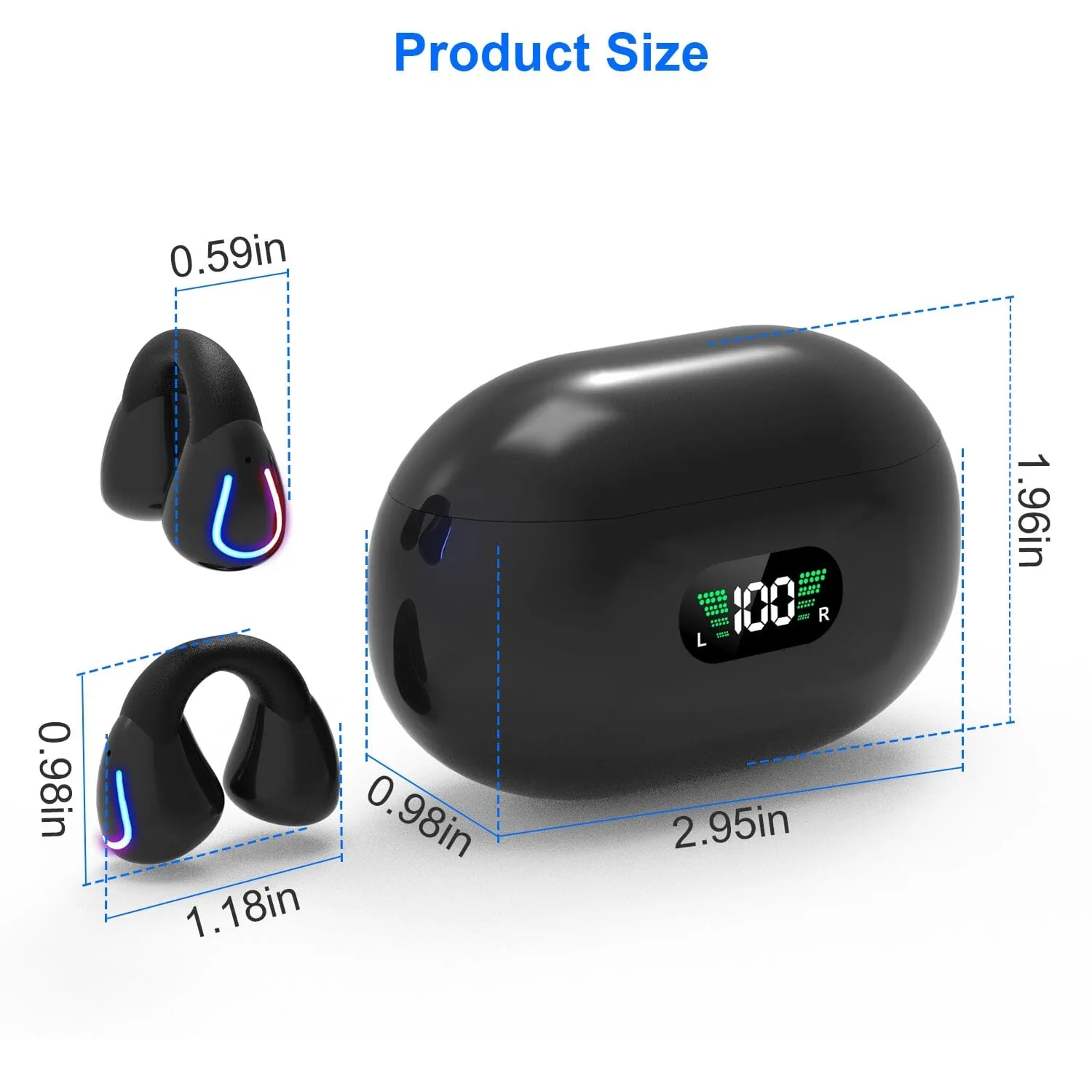 Wireless v5.3 Earbuds Clip-on Open TWS Earphones with Built-in Mic LED Charging Display Case