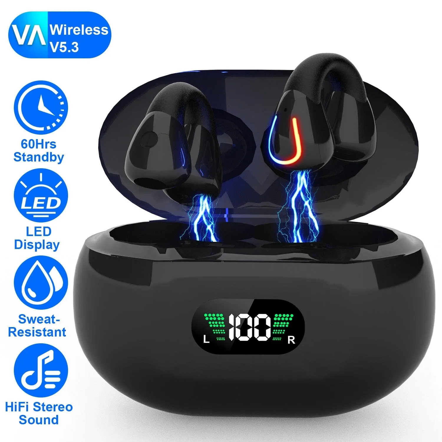 Wireless v5.3 Earbuds Clip-on Open TWS Earphones with Built-in Mic LED Charging Display Case