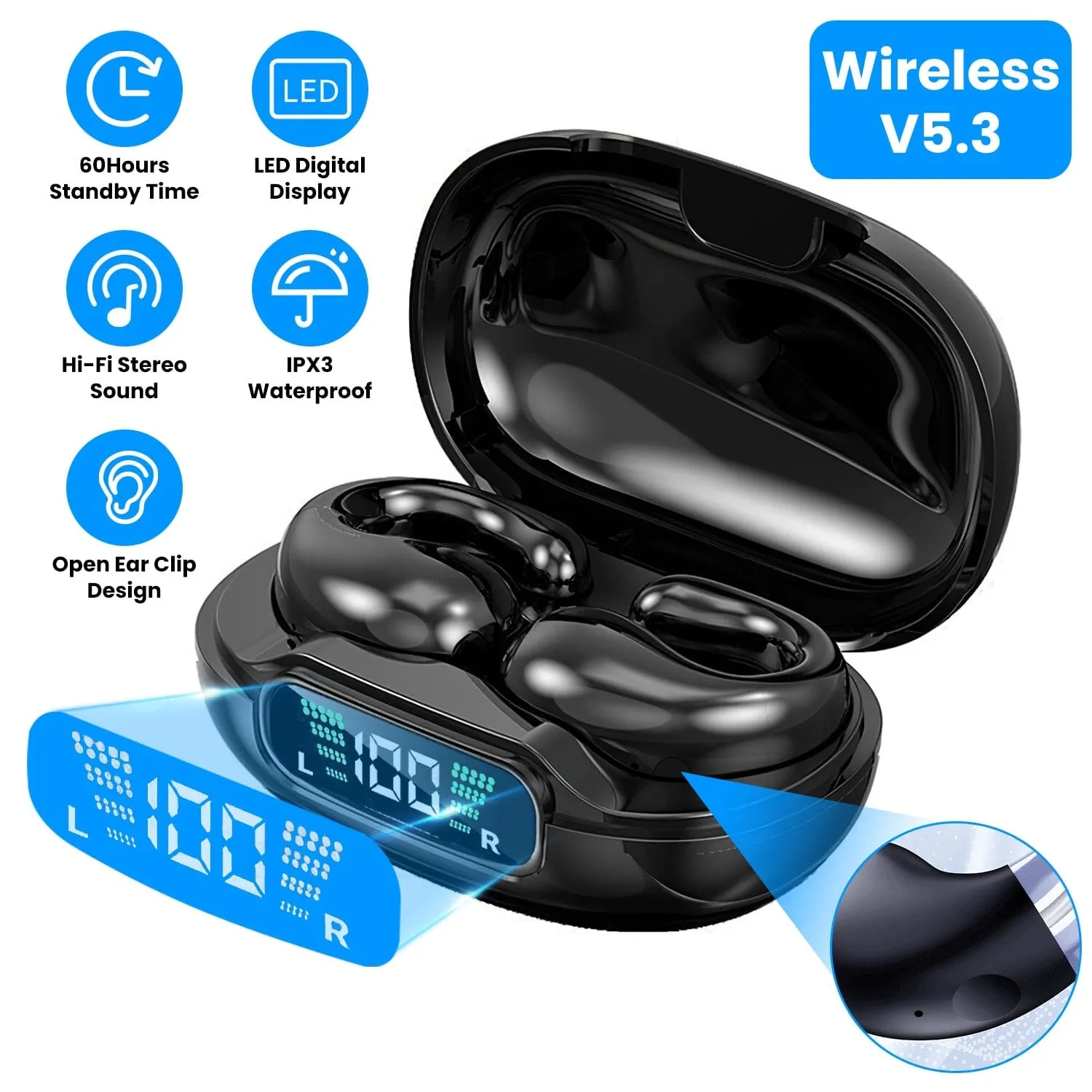 Wireless V5.3 Open Ear Clip Earbuds IPX3 Waterproof Ultra Open Earbuds with LED Display