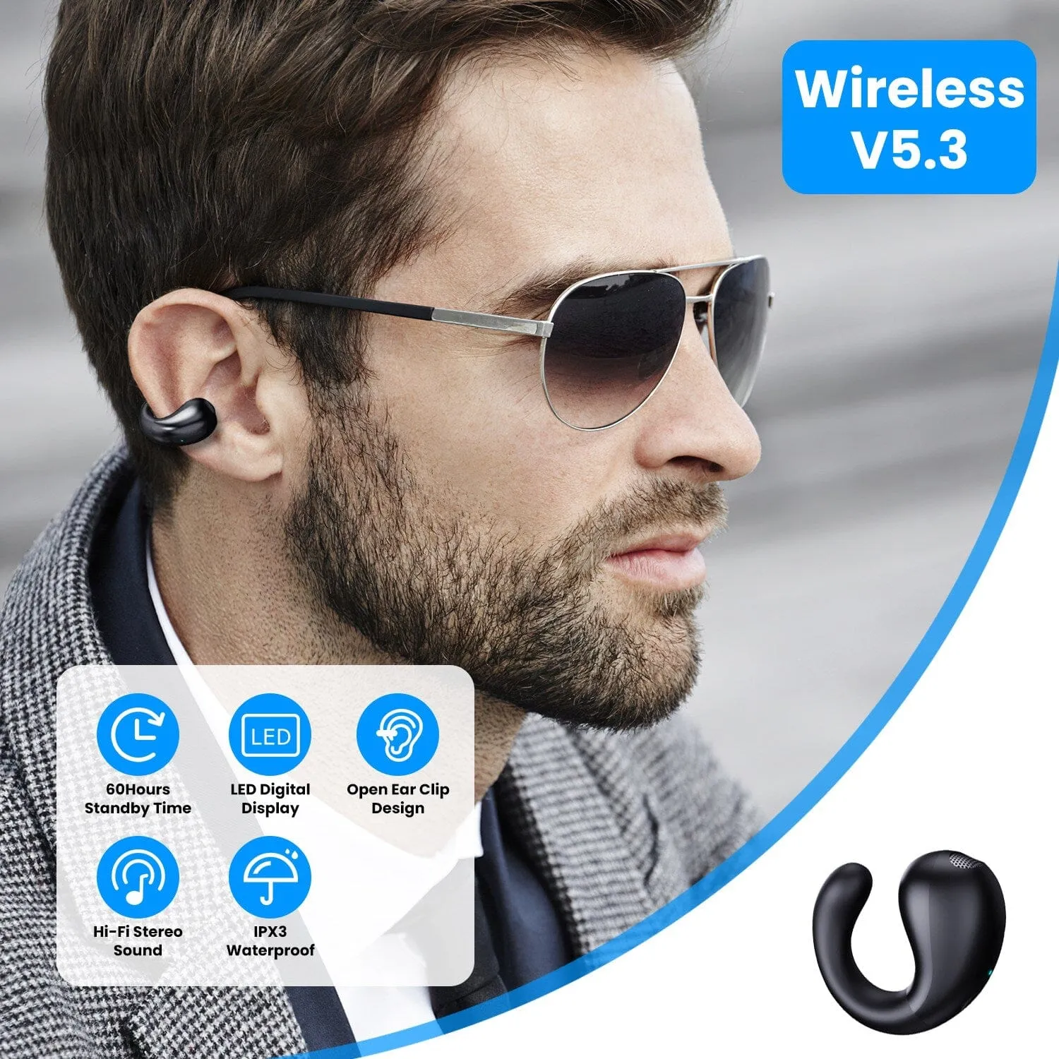 Wireless V5.3 Open Ear Clip Earbuds IPX3 Waterproof Ultra Open Earbuds with LED Display