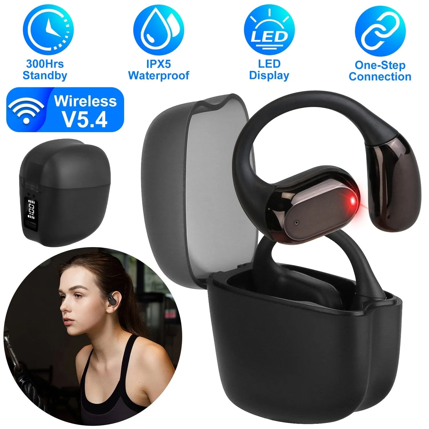 Wireless V5.4 Open Ear Earbuds with Earhook LED Display Charging Case